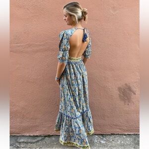 Madison Mathews || Perrin Maxi Dress Open Bsck Block Print Floral Tassels Blue S